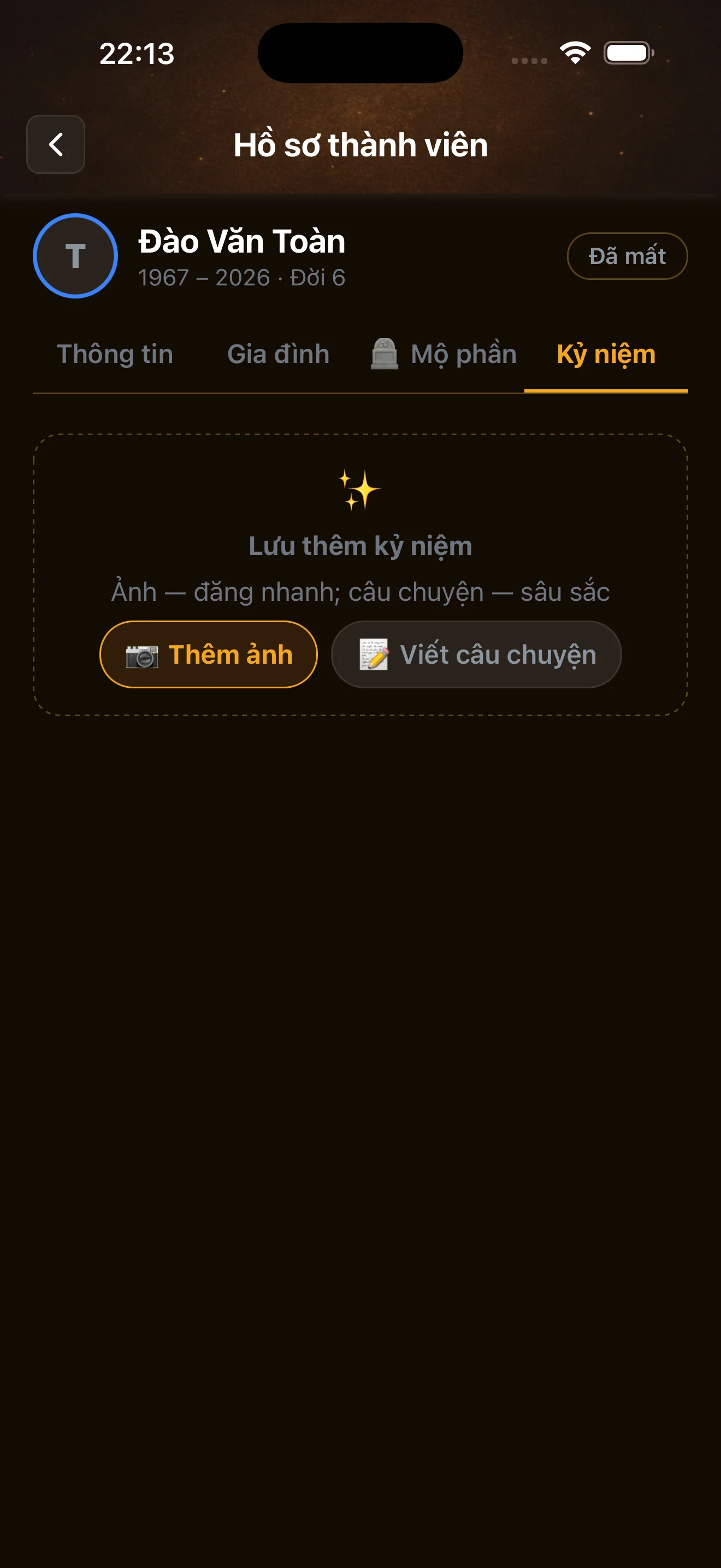 Hồ sơ thành viên — kỷ niệm